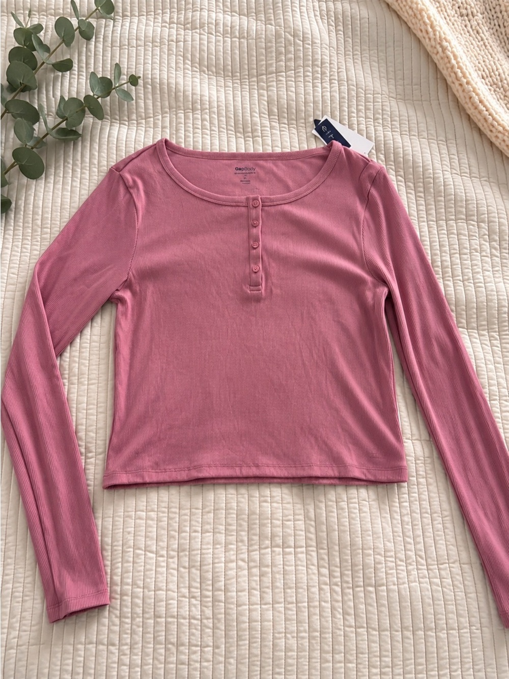 GAP Dusty Rose Ribbed Henley Long-Sleeve Top